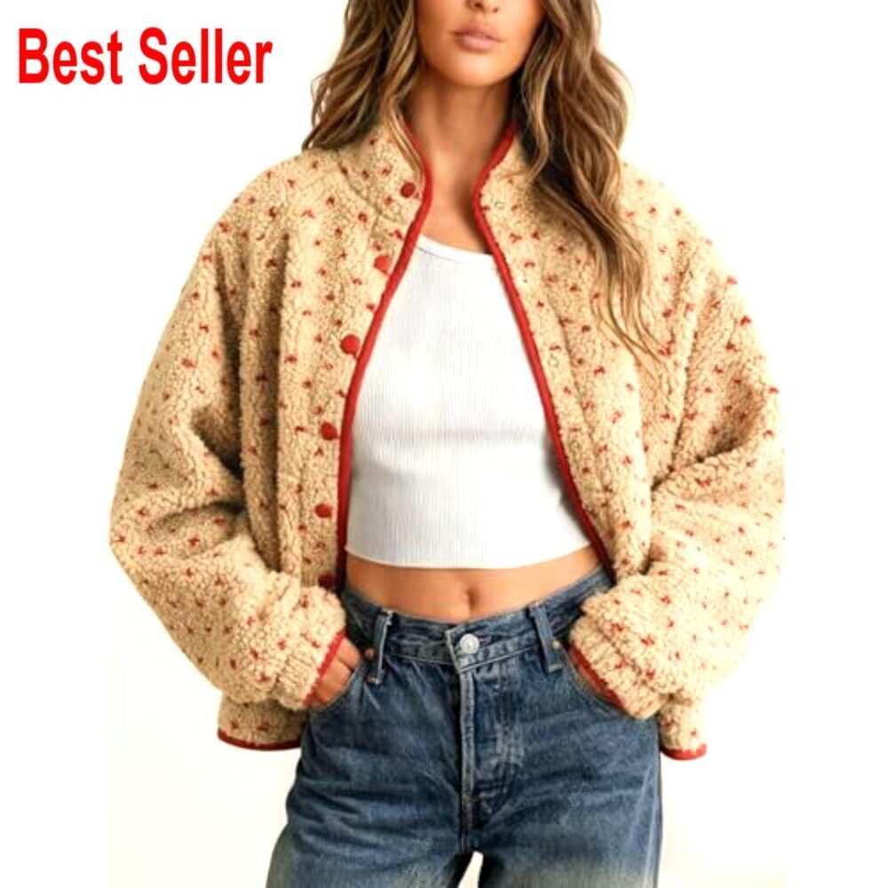 Oversized Sherpa Puffer Jacket Button Down High Neck Polka Dot Cozy Quilted - Picture 2 of 7